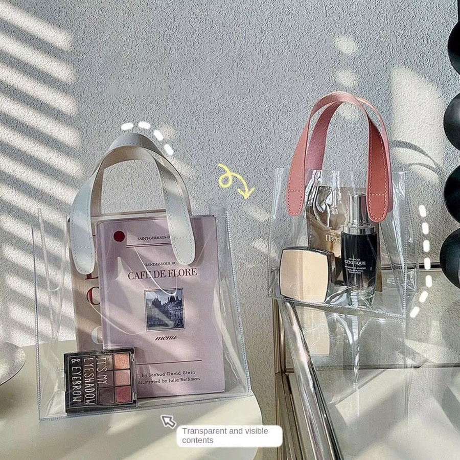Transparente wiederverwendbare Einkaufstasche aus PVC als wasserdichte Schultertasche für Kosmetik und Geschenke, Farbe: Transparent/Rot - Bild 2