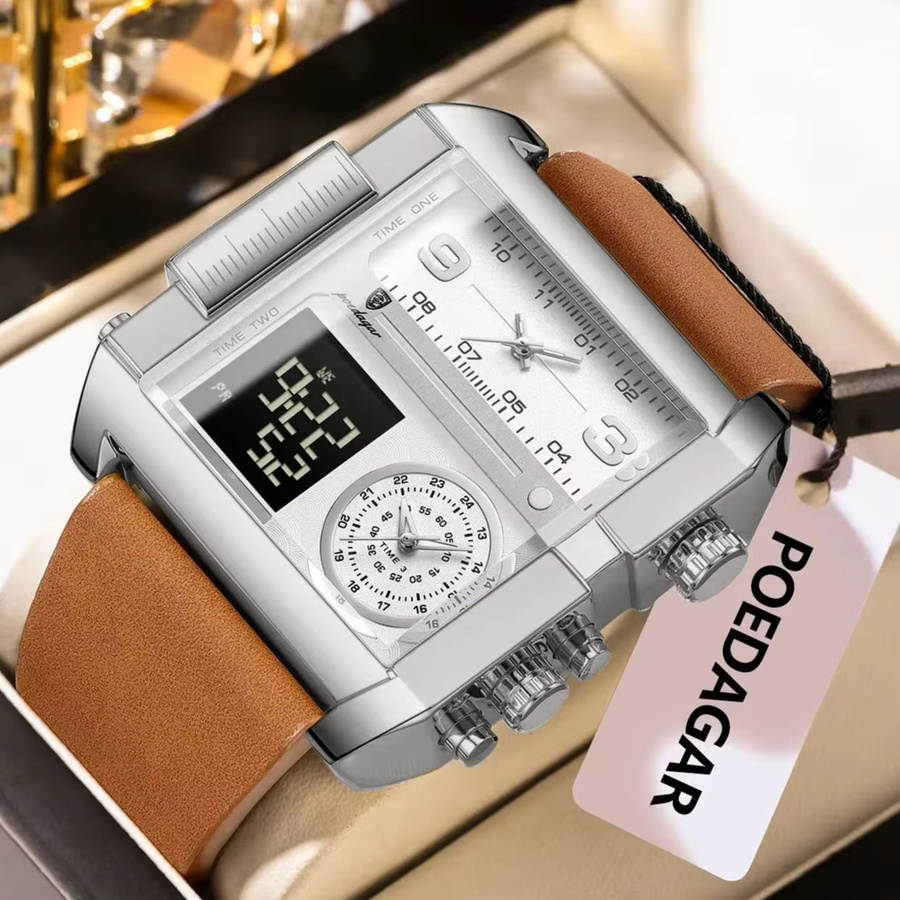 POEDAGAR Digitaluhr, Quarz, Edelstahl, Leder, Gold, Herren - Bild 2