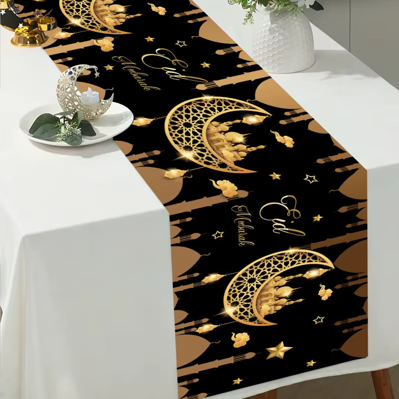 VIKAMA Tischläufer aus Leinen in Schwarz-Gold mit orientalischem Design für Ramadan und festliche Anlässe, B/H: 90 x 33 cm - Bild 3