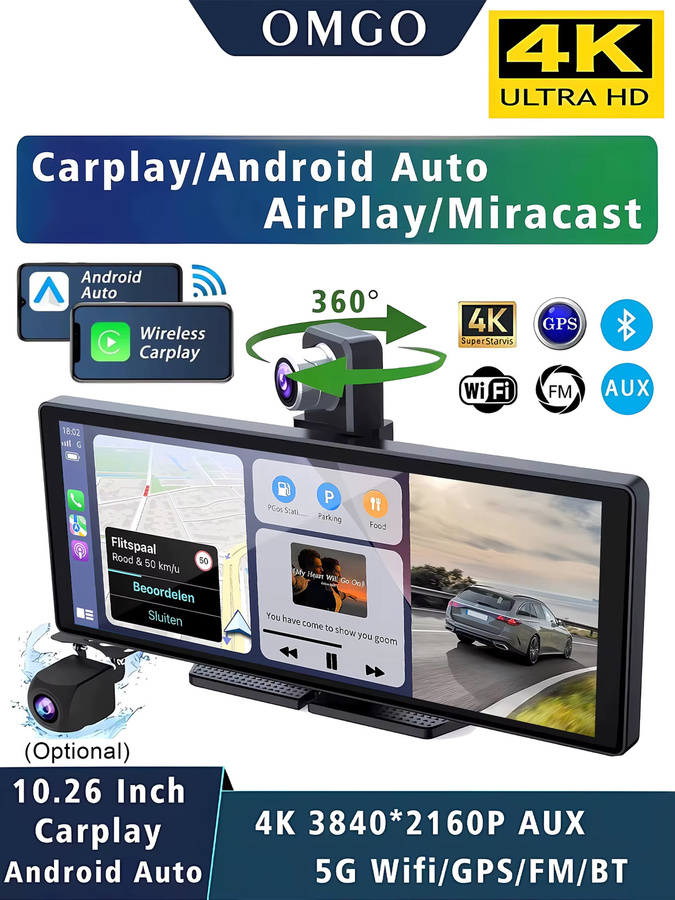OMGO 4K Dashcam mit 10,26 Zoll Display, Carplay und Android Auto, Dual-Objektiv Fahrtenschreiber mit GPS, 5G WLAN und Bluetooth, Schwarz - Bild 7