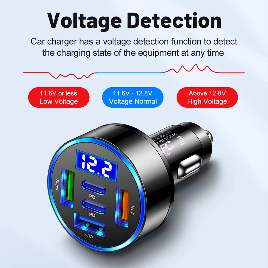GUSEYEE 100W Autoladegerät mit 5 Ports, Schnellladung PD QC3.0 USB C Typ C Adapter für iPhone Samsung Huawei Xiaomi, Schwarz - Bild 2