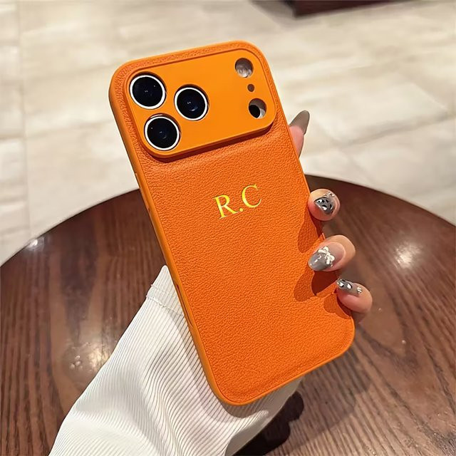 Personalisierte Kunstlederhülle mit individuellem Namen und 3D-Heißfolienprägung für iPhone 17 16 15 14 13 Pro Max Plus Air in Gold und Orange - Bild 1