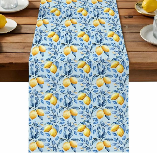 JMG Household Supplies Tischläufer Sommer Idyllisch aus Leinen mit blauem Zitronen- und Blumenmuster in Grau, B/H: 33 x 150 cm - Bild 1