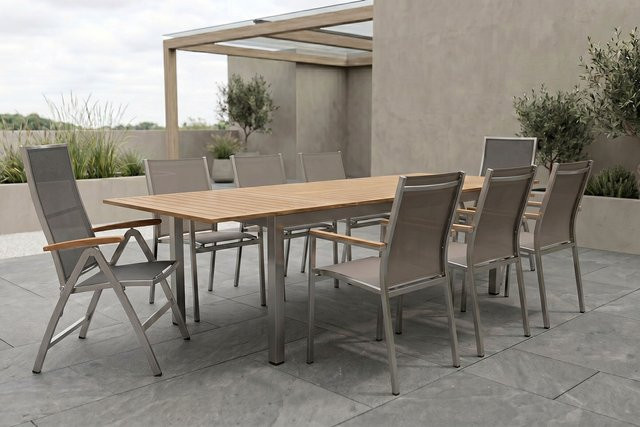Stern Cardiff Garten-Essgruppe aus Edelstahl und Teakholz in Silber/Silbergrau mit ausziehbarem Tisch und 8 Stühlen - Bild 1