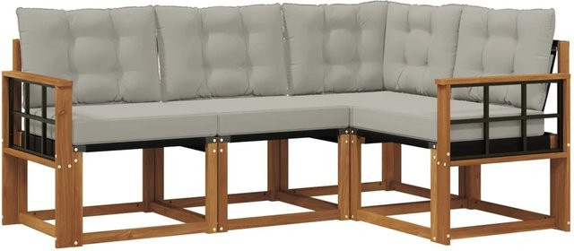 vidaXL Outdoor-Sofagarnitur 4-teilig L-Shape aus Akazienholz und Textilene in Grau und Natur mit Kissen - Bild 1