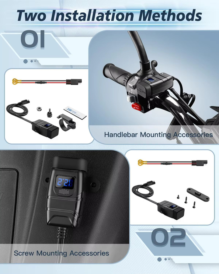 Extractme Motorrad USB Schnellladegerät mit USB-C Port, Wasserdichtes Ladegerät mit LED Digital Voltmeter für Fahrrad und Motorrad in Schwarz oder Blau - Bild 4