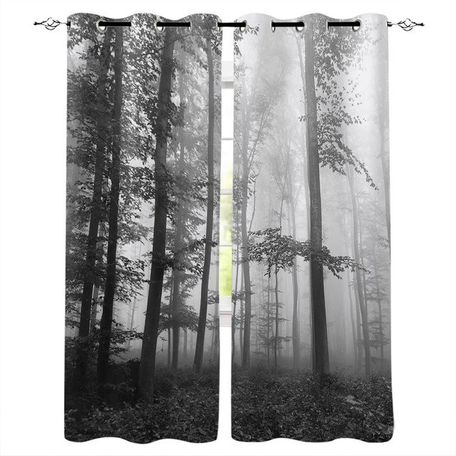 Luxus Fenstervorhang Herbstwald mit Nebelmotiven von Super Six, grau, semi-transparent, Breite: 135 cm, Höhe: 60 cm - Bild 1