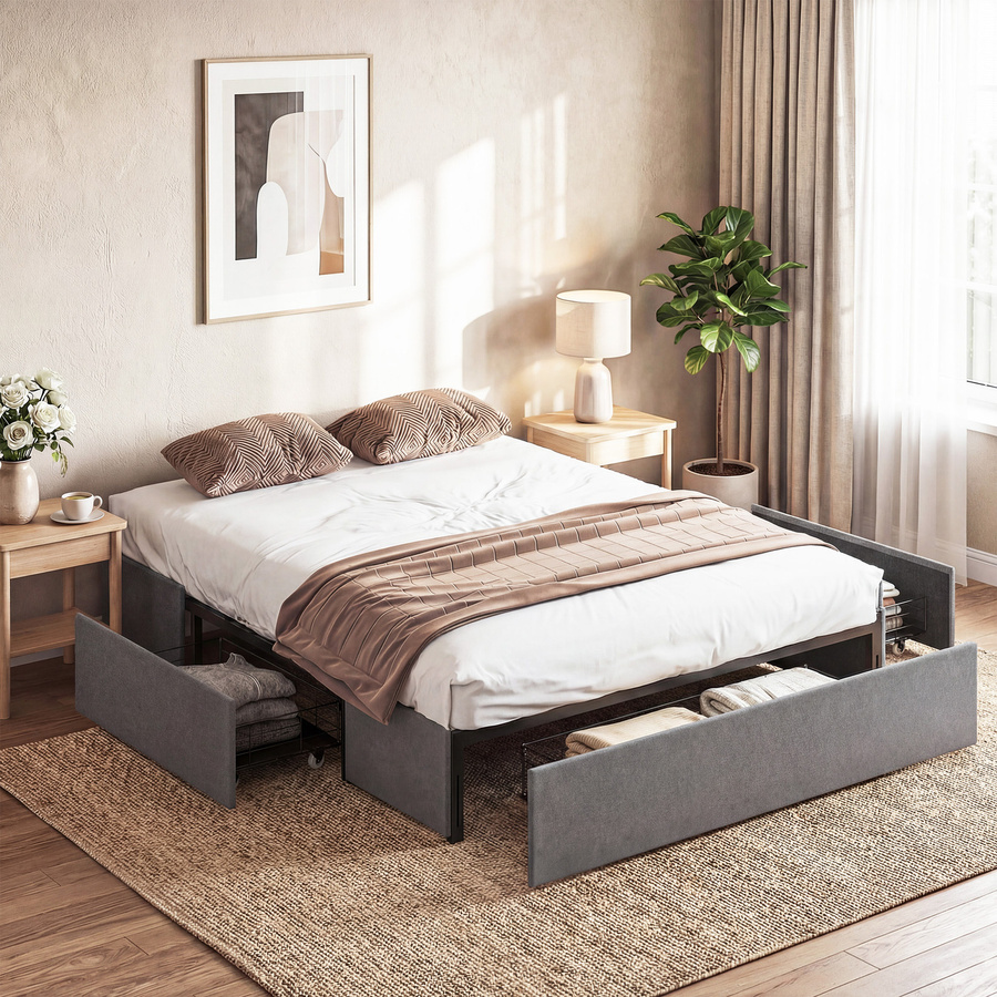 HOMCOM Doppelbett mit Stauraum und 3 Schubladen in Grau, gepolstertes Bettgestell mit LVL-Lattenrost in Leinenoptik, B/T/H: 140 x 190 cm - Bild 2