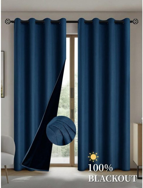 Verdunkelungsvorhang von Yiran Furniture in Navy Blau mit isoliertem Futter und Ösen, B: 100 cm, H: 130 cm - Bild 1