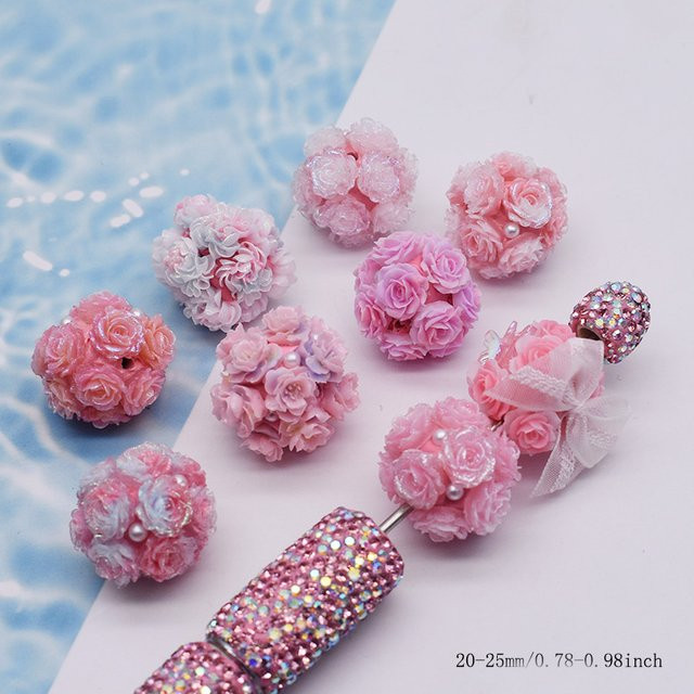 YanQi Rosen-Blumen-Kugel-Perlen, 4 Stück, Polymer-Ton, Rosa - Bild 1