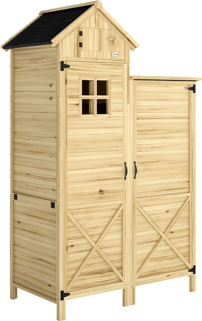 Outsunny Gartenschrank aus Fichtenholz in Holzfarbe mit Doppelzonen-Design, Geräteschuppen für den Außenbereich mit Schrägdach, Fenster und herausnehmbaren Regalen, B/T/H: 106 x 57 x 167 cm - Bild 1