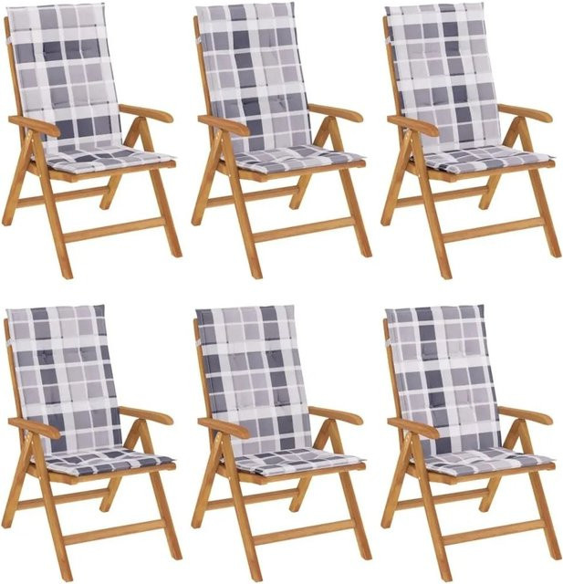 vidaXL Gartenstuhl-Set aus Teakholz mit Kissen, 6 Stück, Grau Kariert - Bild 1