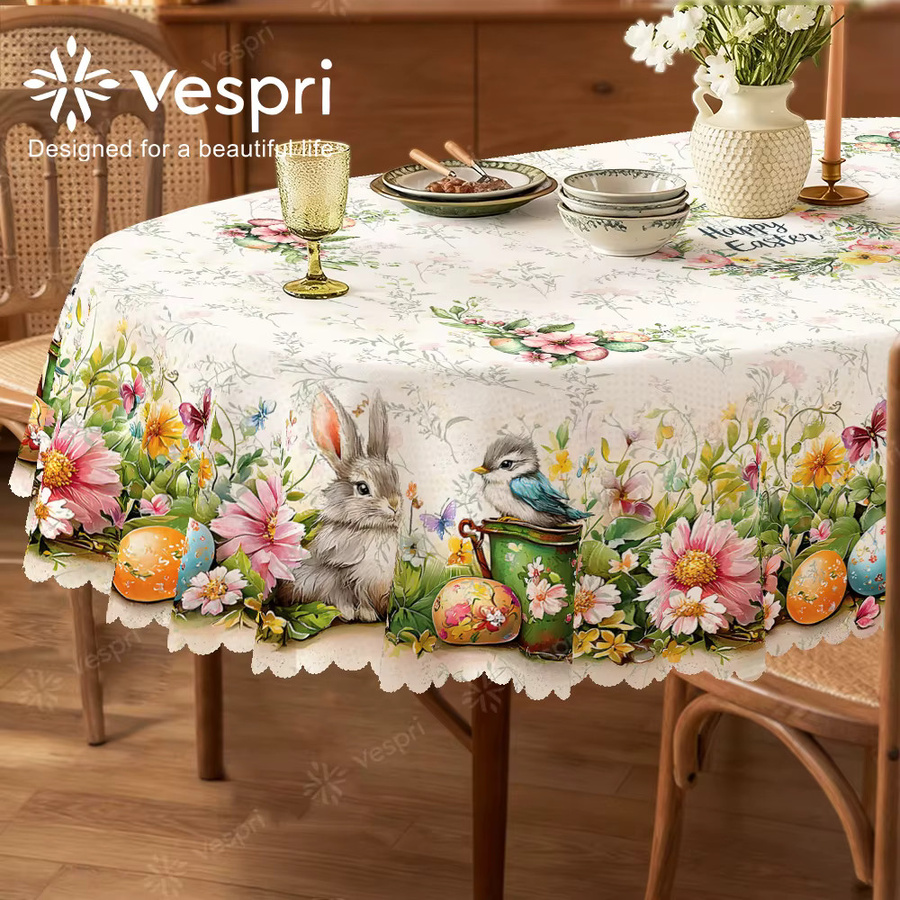 Vespri Oster-Tischdecke mit Hase und Blumen in Weiß und Grün, Rund, Leinen-Polyester-Mix im Landhausstil - Bild 2