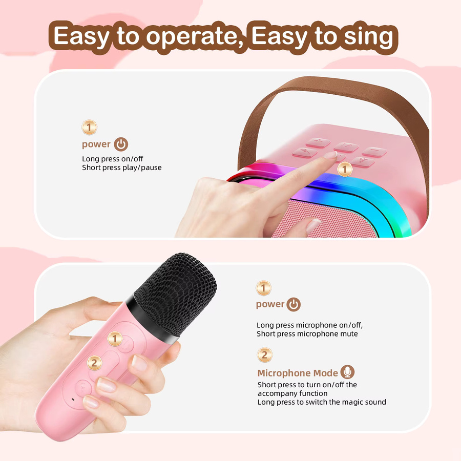 FanFun Karaoke-Maschine in Pink mit 2 kabellosen Mikrofonen und Bluetooth 5.3 als tragbares PA-Lautsprechersystem - Bild 2