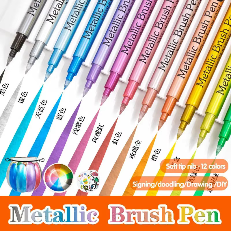 12 Metallic Farbmarker mit Pinselspitze in Multicolour für Stein, Keramik, Holz und Stoff - Bild 2