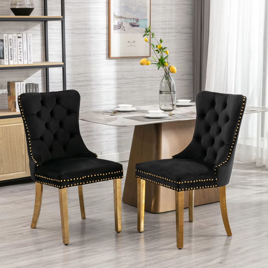 2er-Set Samt Esszimmerstühle von Svintora in Schwarz und Beige mit goldenen Edelstahlbeinen, getuftetes Design mit Nagelkopf-Verzierung und hoher Rückenlehne, B/T/H: 65 x 50 x 95 cm - Bild 3