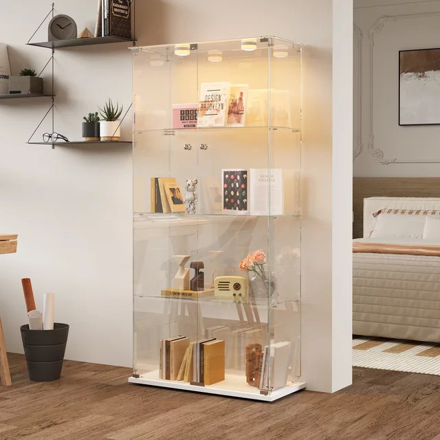 Rosahqnda Glasvitrine mit LED-Beleuchtung, transparente Möbelvitrine mit 2 Glastüren und 4 Regalen, modern und glänzend - Bild 1