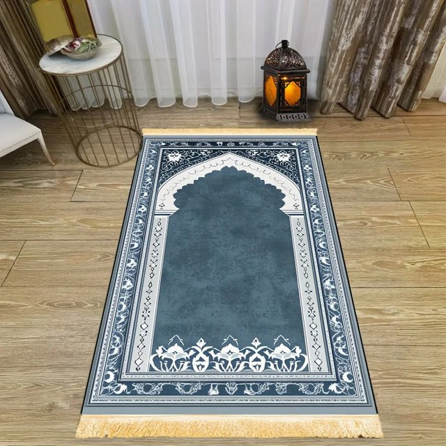 VIKAMA Islamischer Gebetsteppich Sajjadah in Blau, weich, rutschfest und faltbar für Zuhause oder auf Reisen - Bild 1