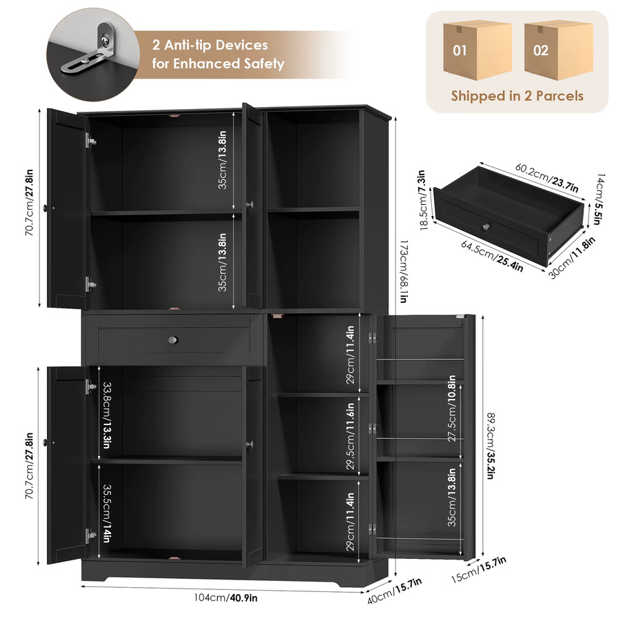 Getone Küchenbuffet moderner Vorratsschrank mit 5 Türen und 1 Schublade, B/T/H: 104 x 40 x 173 cm - Bild 2