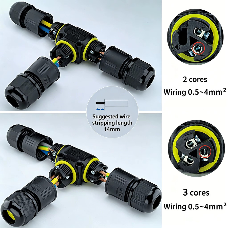 IP68 Kabel-Wasserdichtverbinder in Schwarz als T-förmiger Dreiwege-Verteiler für Outdoor-LED-Verdrahtung - Bild 3