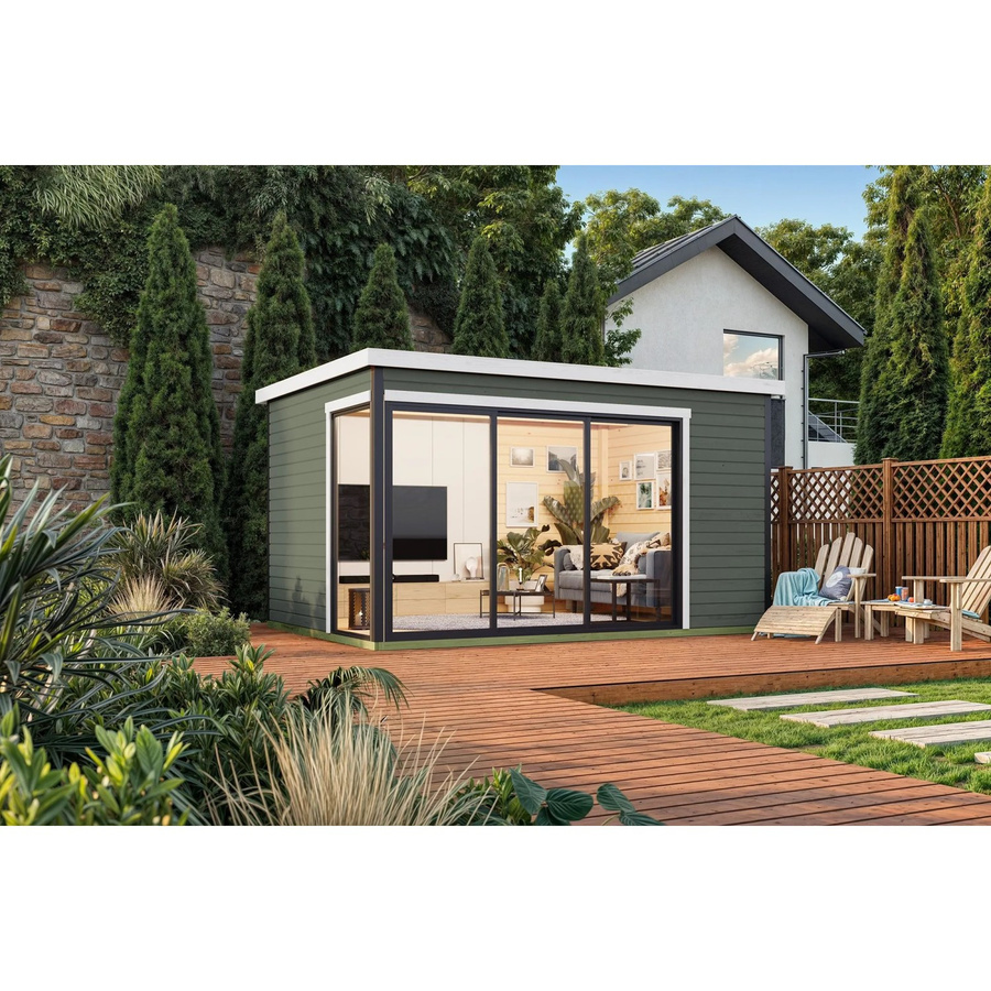 Lasita Gartenhaus Austin Blockbohlenhaus mit Flachdach in Grau-Grün lasiert, B/H/T: 439,6 x 239,4 x 319,6 cm - Bild 3