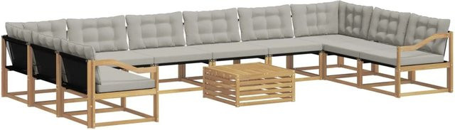 vidaXL Outdoor-Sofagarnitur aus massivem Akazienholz und Textilene in U-Form, 11-teiliges Set mit Kissen in Weiß und Hellgrau - Bild 1