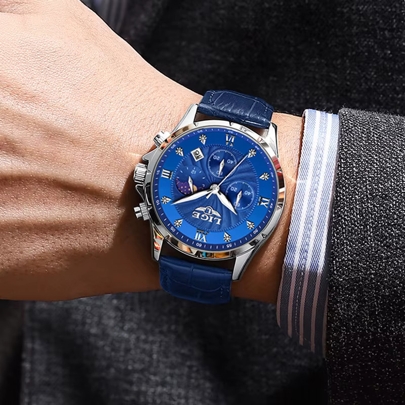 LIGE Armbanduhr, Quarz, Leder, Blau, Herren - Bild 5