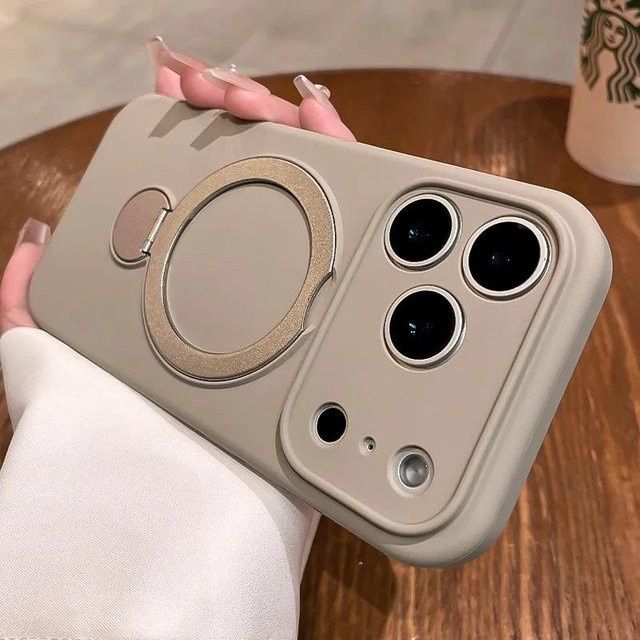 Apple iPhone Hülle aus Flüssigsilikon mit drehbarem Klappständer und Hängeseil in Beige - Bild 1