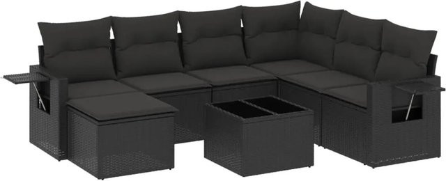 vidaXL 8-tlg. Garten-Sofagarnitur in L-Form aus schwarzem Poly-Rattan mit Kissen und Armlehnen - Bild 1