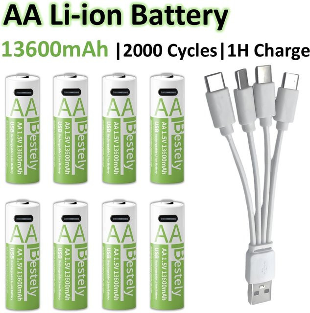 Rscrola AA-Batterie 1,5 V mit 13600 mAh, USB-C wiederaufladbare Lithium-Batterie für Kameras, Spielzeug und Maus - Bild 1
