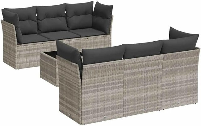 vidaXL 7-teilige Garten-Sofagarnitur in U-Form aus Poly-Rattan mit Kissen in Hellgrau - Bild 1