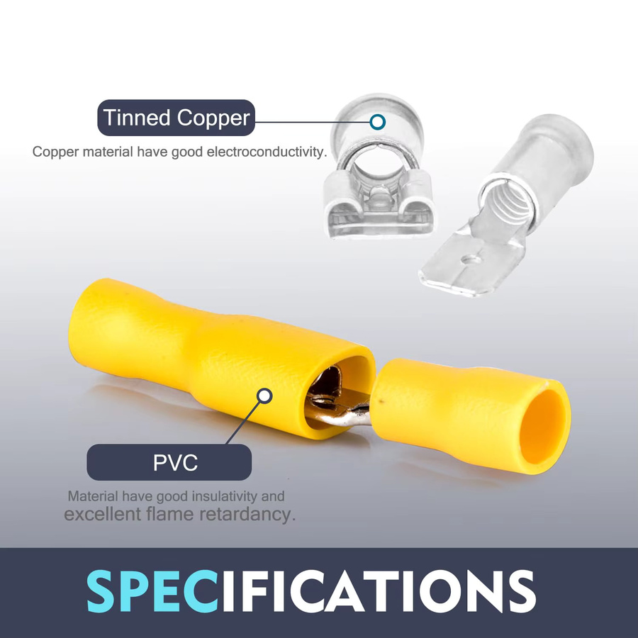 ELECAPITAL Crimp Terminal Set mit 50 Stück Flachsteckern in Gelb, 6,3mm für 12-10AWG, 25x Weiblich und 25x Männlich - Bild 4