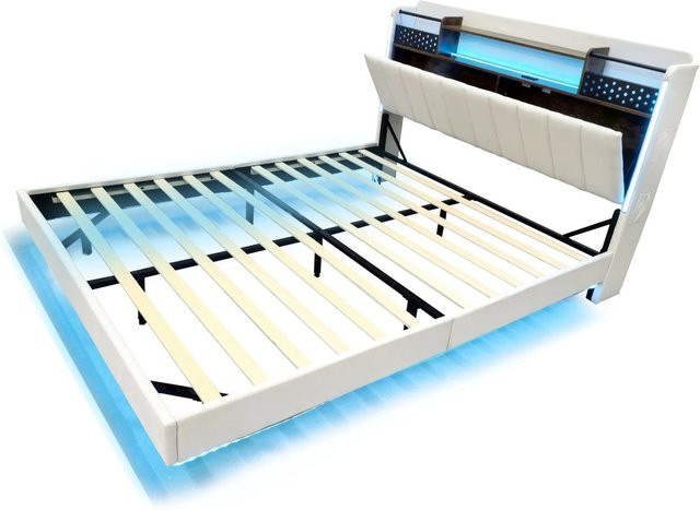 Merax Polsterbett mit LED-Beleuchtung und USB-Anschluss, Farbe Beige, B/T: 140 x 200 cm - Bild 1