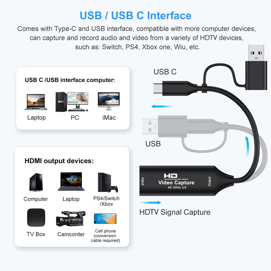 KOJESHUN 2-in-1 Video Capture Card mit USB 3.0 und USB Typ-C, 4K UHD HDMI Game Grabber für Nintendo Switch, Xbox und PS4/5 zur Live-Übertragung in Schwarz und Grau - Bild 4