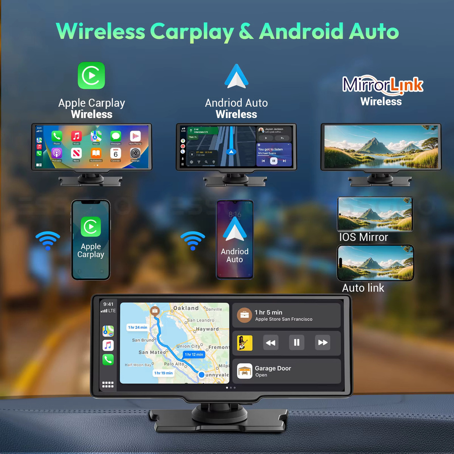 ESSGOO 4K Dashcam mit 10,26 Zoll Touchscreen, Tragbarer Videorekorder mit Apple CarPlay, Android Auto, Doppel-Linse, Bluetooth, WiFi und USB-C in Schwarz - Bild 3