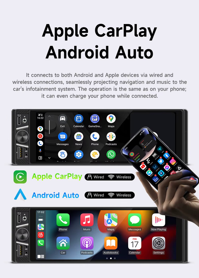 BQCC Universeller 1Din Auto-Multimedia-Player mit 6,28 Zoll Display, CarPlay und Android Auto, Bluetooth, FM, AUX und USB, Schwarz - Bild 2