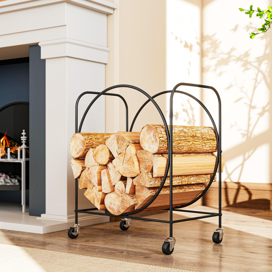 Outsunny Kaminholz Aufbewahrung aus Metall und Holz mit Rädern, Schwarz, B: 51 cm, T: 30 cm, H: 60 cm - Bild 2