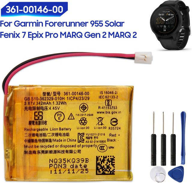 Ersatzakku 342mAh für Garmin Forerunner 955, 955 Solar, Fenix 7, Epix Pro, MARQ Gen 2 und MARQ 2, Modell 361-00146-00 - Bild 1