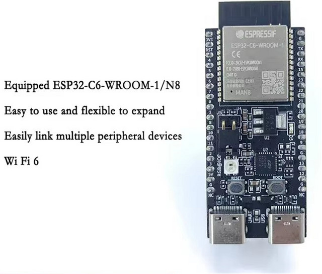 ODEC ESP32-C6-DevKitC-1 Development Board mit ESP32-C6-WROOM-1 N8, Wi-Fi 6, BLE, Zigbee und Thread, USB-C CP2102, Schwarz - Bild 1