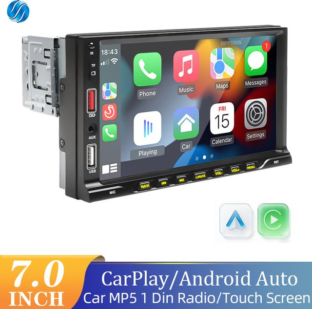 HIPPCRON Auto MP5 Radio mit 7-Zoll HD-Touchscreen, Carplay und Android Auto, Mirror Link und Dual USB, Schwarz - Bild 1