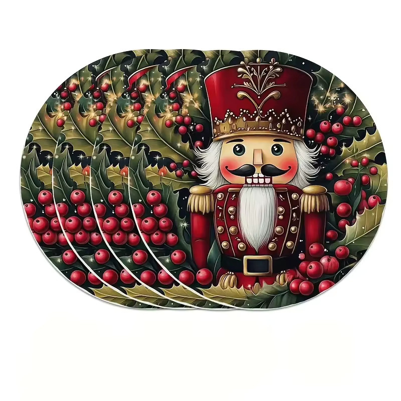 VIKAMA 4er Set Weihnachts-Tischsets mit Nussknacker- und Holly-Berry-Print in Rot, runde festliche Tischdekoration - Bild 4