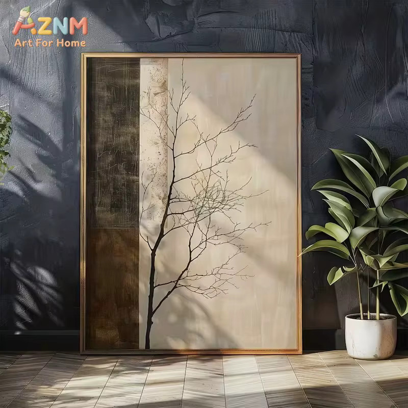 AZNM Abstrakter Baum-Leinwanddruck in Beige und Braun, Minimalistischer Wabi-Sabi Wanddruck als Textildruck ohne Rahmen - Bild 3