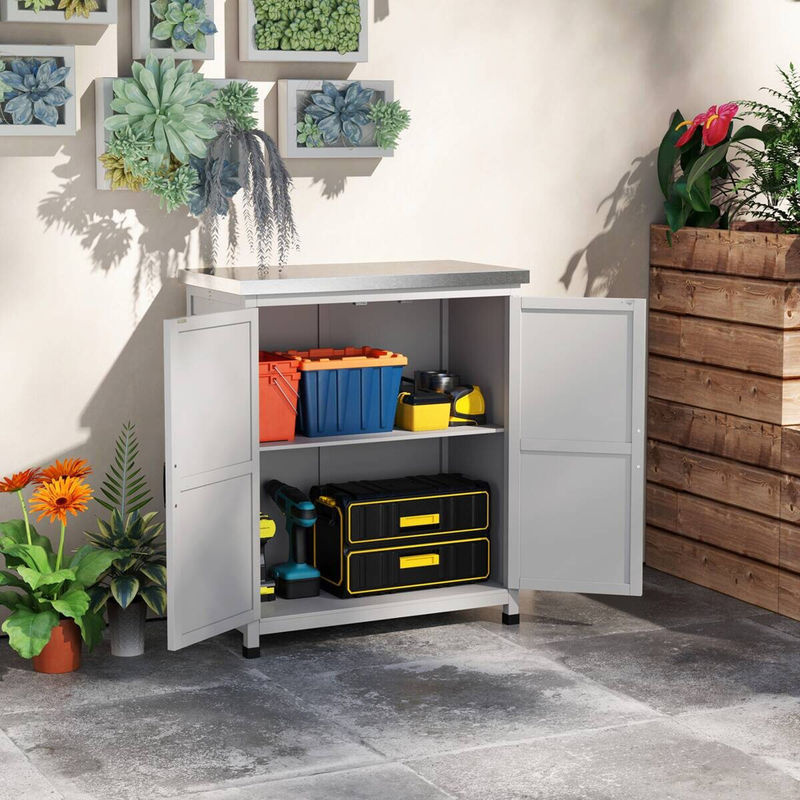 Outsunny Gartenschrank aus Holz und verzinktem Stahl in Grau mit Doppeltür und Einlegeböden für Garten und Terrasse, B/T/H: 79 x 43 x 92 cm - Bild 3