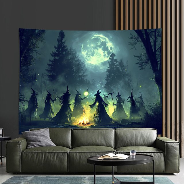 VIKAMA Magischer Wandteppich Hexe Nacht Sammeln mit Vollmond für Halloween und Gothic Raumdekoration, Mehrfarbig, B/H: 60 x 40 cm - Bild 1