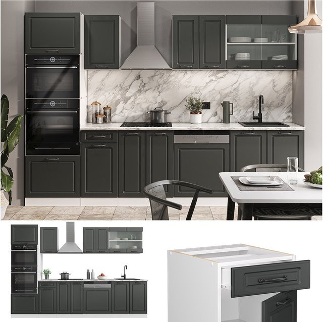 Vicco Küchenzeile R-Line Landhaus Einbauküche in Weiß und Anthrazit Breite: 300 cm - Bild 1