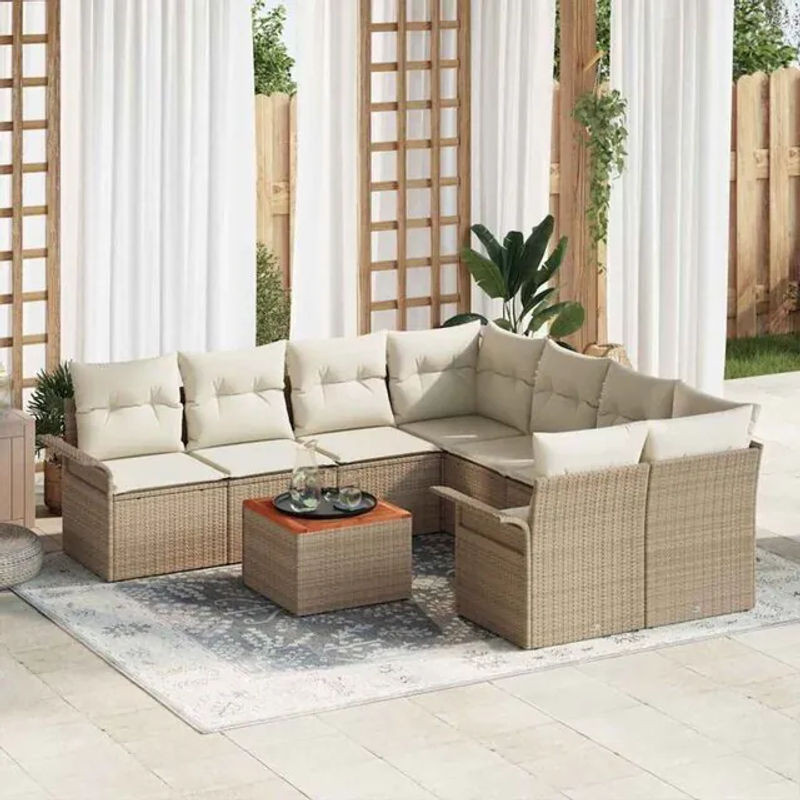 VIDAXL Garten-Sofa-Set aus Polyrattan und Akazie mit 9 Kissen in Beige und Creme, B/T/H: 55 x 55 x 37 cm - Bild 1