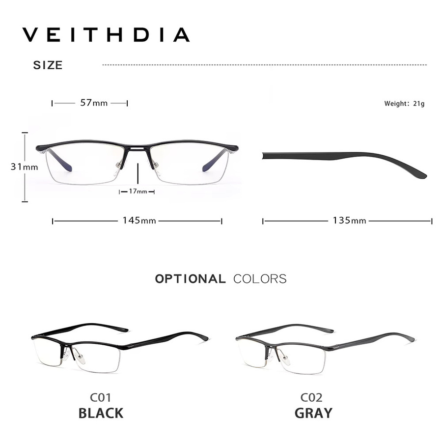 VEITHDIA 8761 Korrektionsbrille, Halbrand, rechteckig, Aluminium, schwarz, Unisex - Bild 3