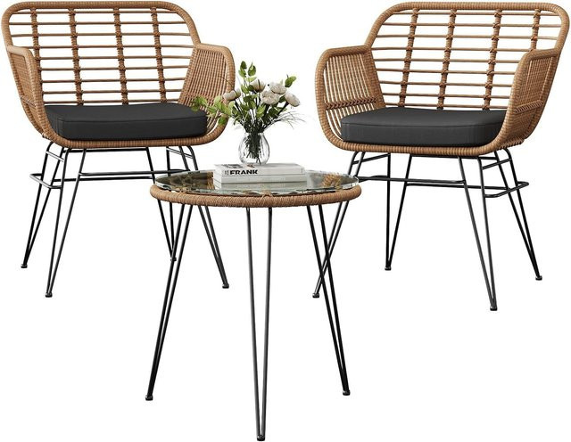HiMISS 3-teiliges Rattan-Bistro-Set mit Tisch und Glasplatte sowie 2 gepolsterten Sesseln in Gelb und Schwarz - Bild 1