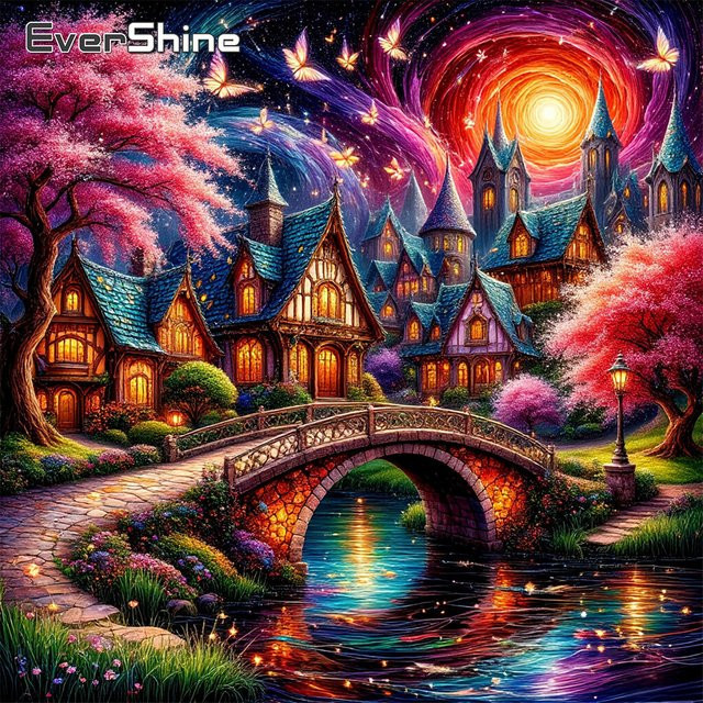 Evershine Diamantmalerei Schloss-Landschaftsbild mit Kirschblüten und Brücke, Mehrfarbiges Mosaik-Stickerei-Set für Erwachsene - Bild 1
