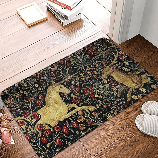 VIKAMA Kunst-Bodenmatte mit mittelalterlichem Einhorn und Mitternachtsblumenmuster in Multicolour, rechteckiger Teppich für Küche und Schlafzimmer, B/T/H: 60 x 40 x 40 cm - Bild 1